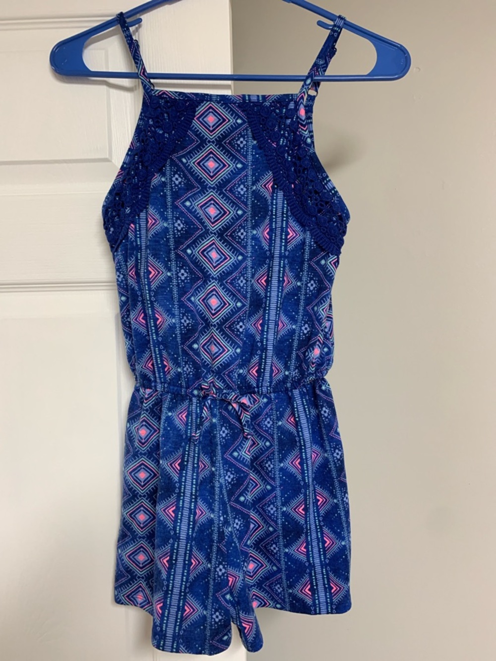 Mudd Girls Blue Geometric Romper with Pink Accents